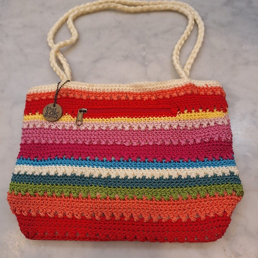 The Sak Originals Crochet Shoulder Bag Small Multi Color Striped Boho Tote Beach